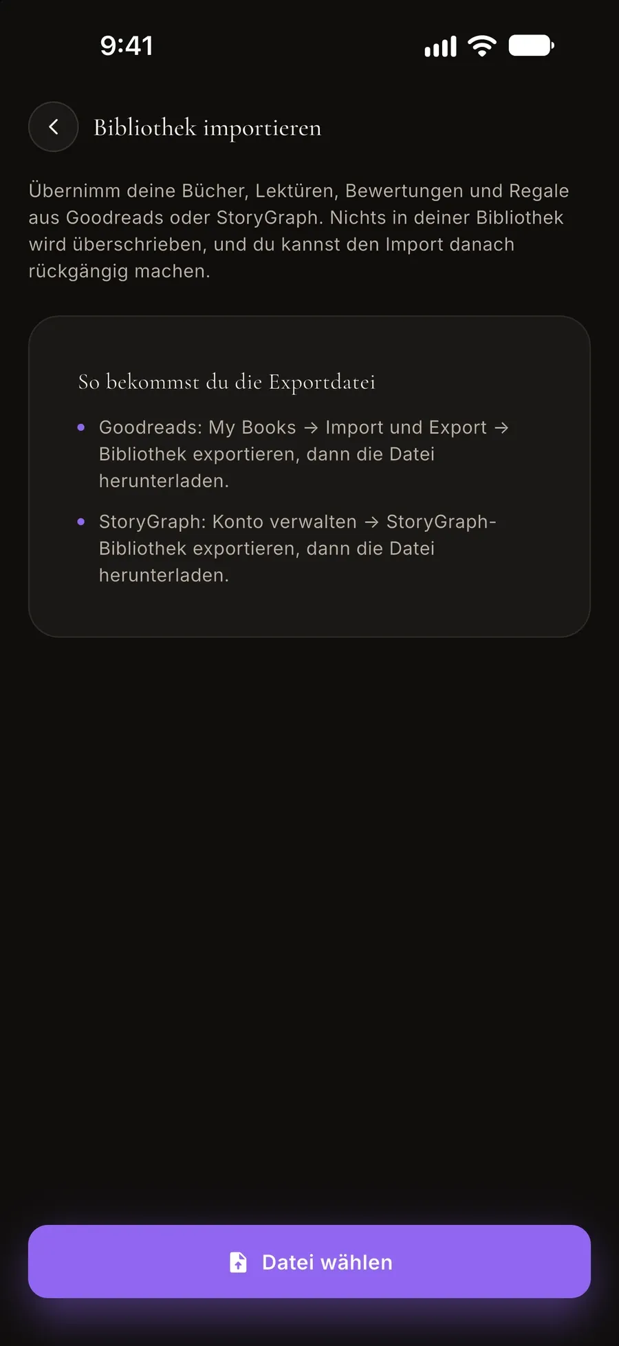 Importansicht: Bring deine Bücher, Lektüren, Bewertungen und Regale aus Goodreads oder StoryGraph mit, samt Anleitung zur Exportdatei