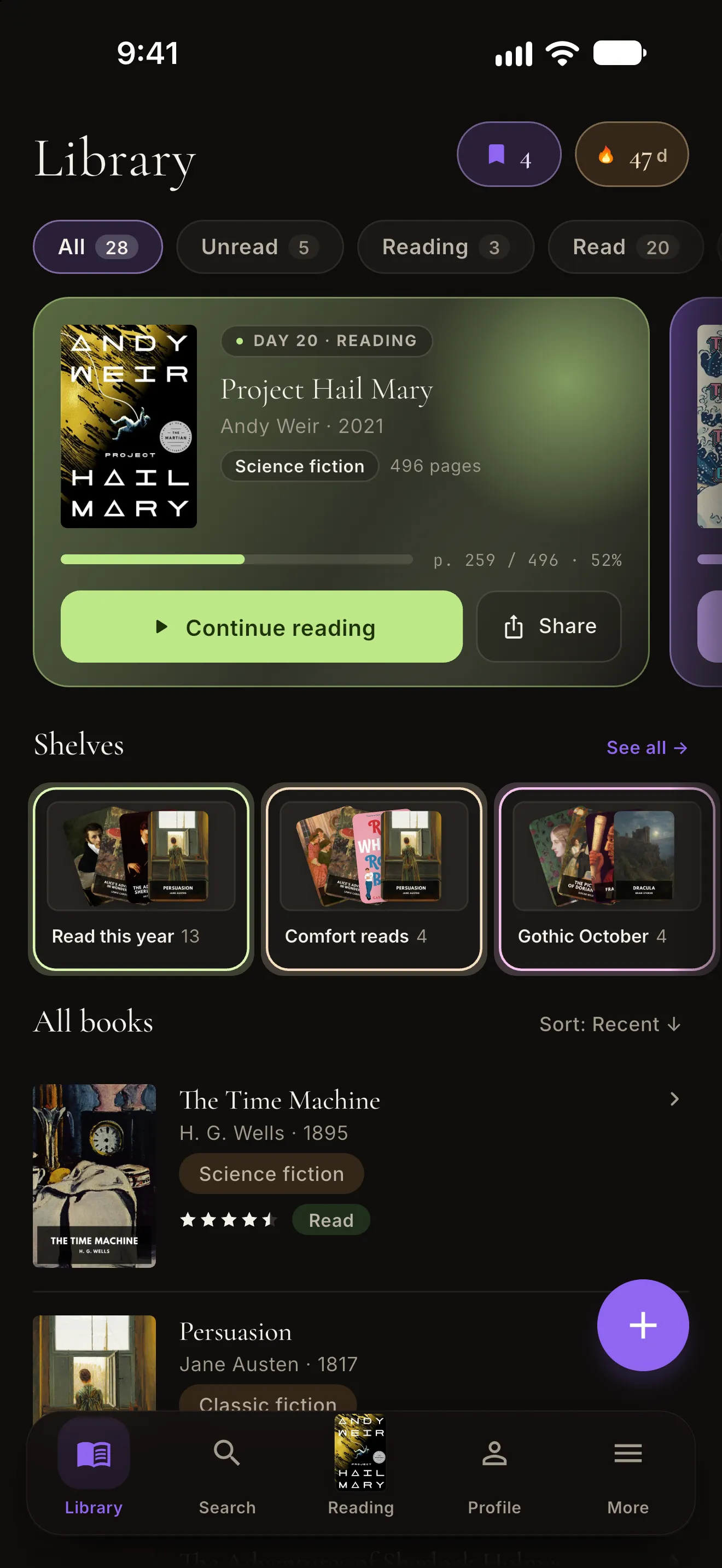 Sifria library screen: Project Hail Mary at 52% with a Continue reading button, shelves, and the book list