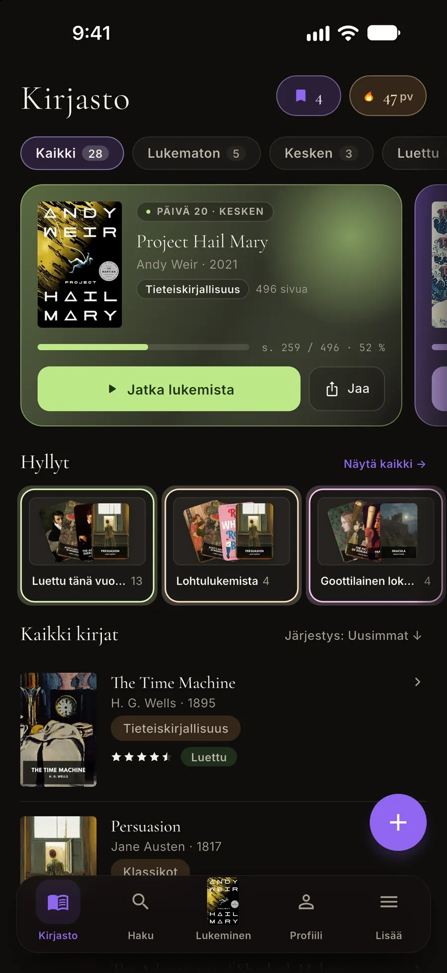 Sifrian kirjastonäkymä: Project Hail Mary 52 %:ssa, Jatka lukemista -painike, hyllyt ja kirjaluettelo