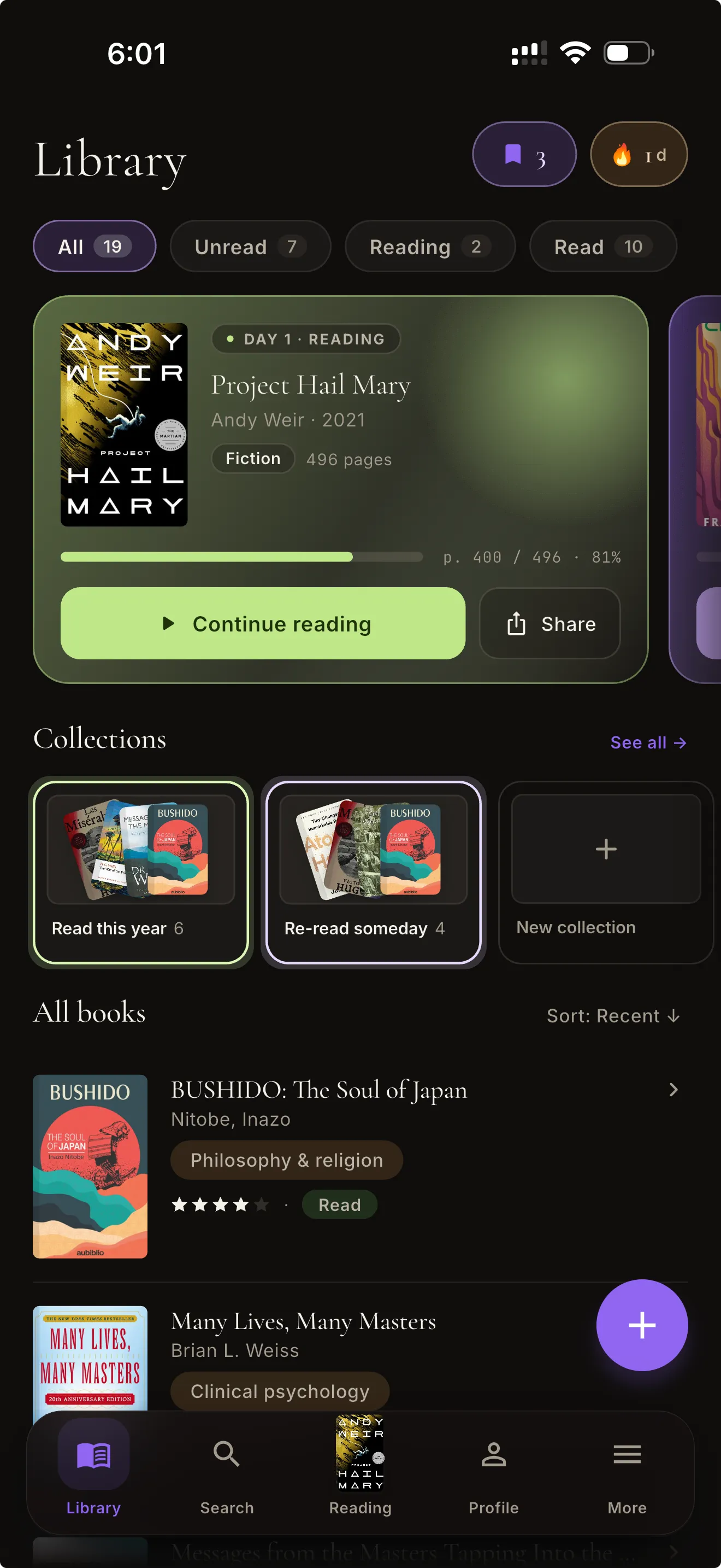 Sifria library screen: shelves with book covers, reading progress on Project Hail Mary, and collections