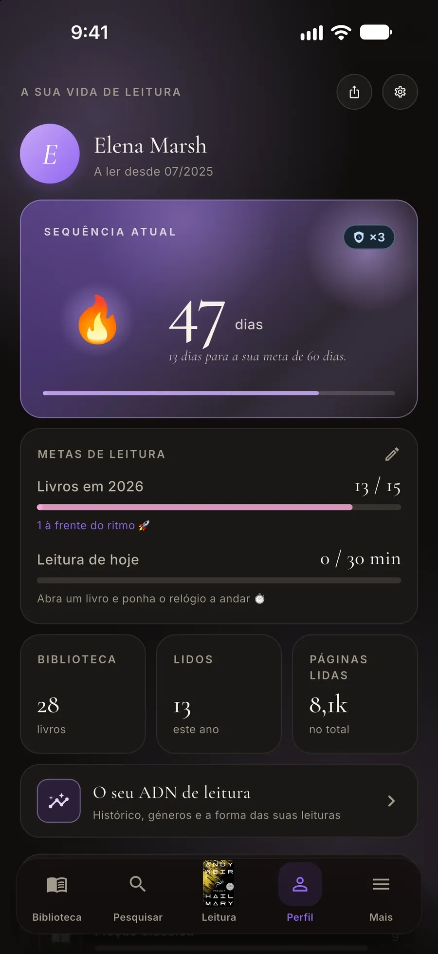 Ecrã do perfil: sequência atual, objetivos de leitura, livros e páginas lidos e uma ligação para o ADN de leitor