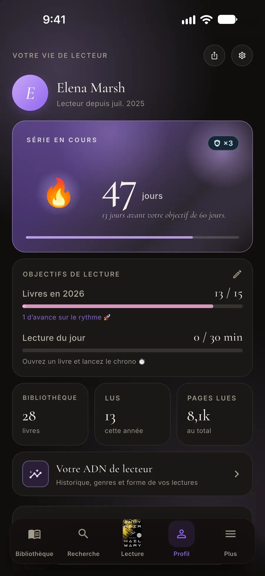 Écran de profil : série en cours, objectifs de lecture, livres et pages lus, et un lien vers l’ADN de lecteur