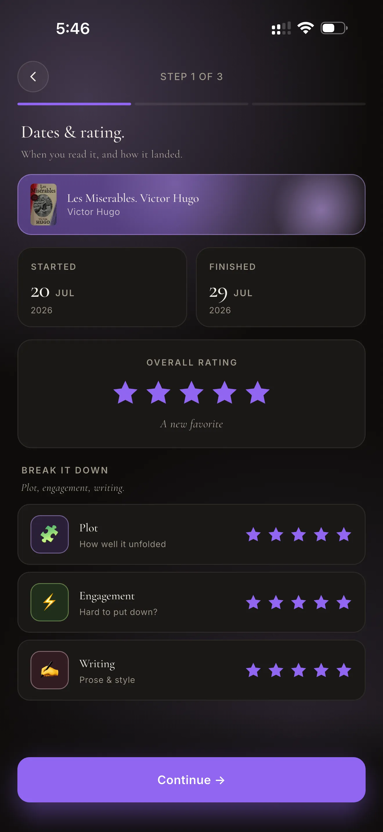 Review screen: five-star overall rating with plot, engagement, and writing sub-ratings