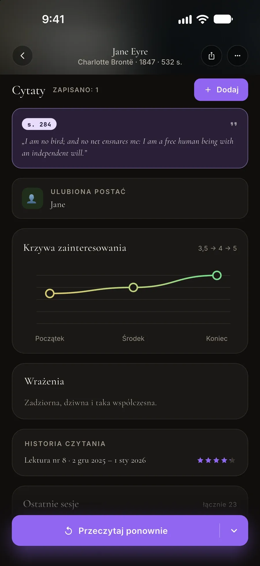 Wpis o „Jane Eyre”: zapisany cytat, ulubiona postać, krzywa zainteresowania i wrażenia