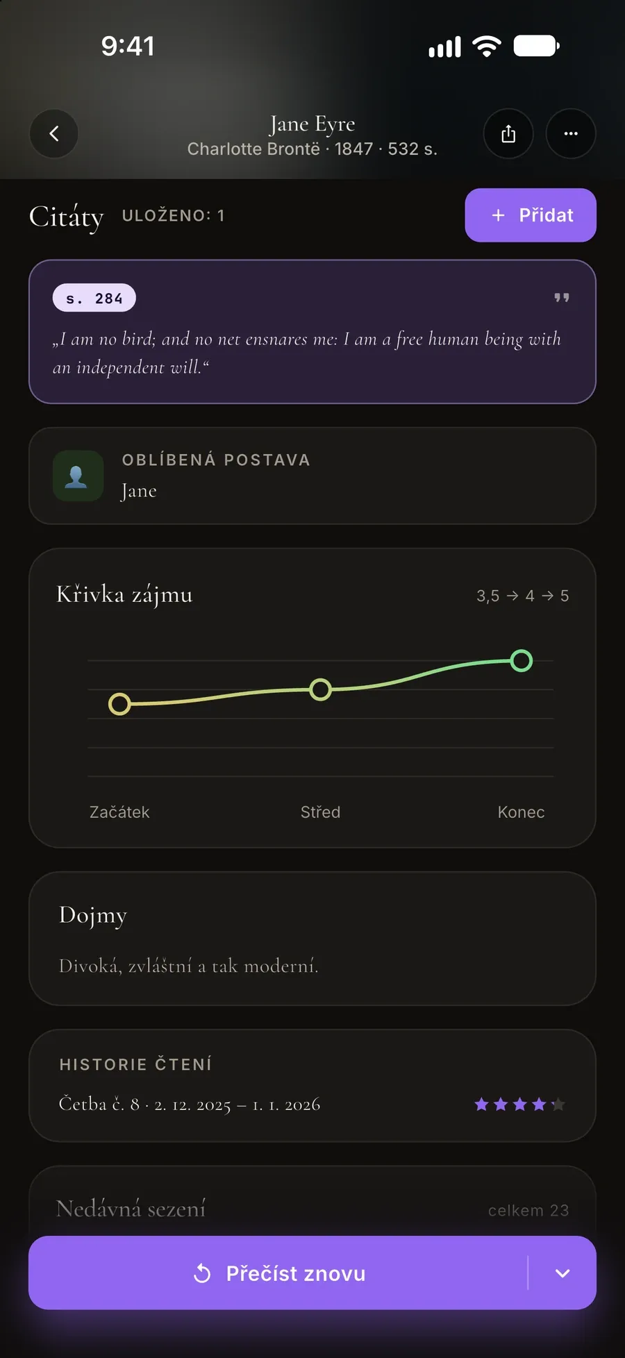 Čtenářský záznam ke knize Jana Eyrová: uložený citát, oblíbená postava, křivka zájmu a dojmy