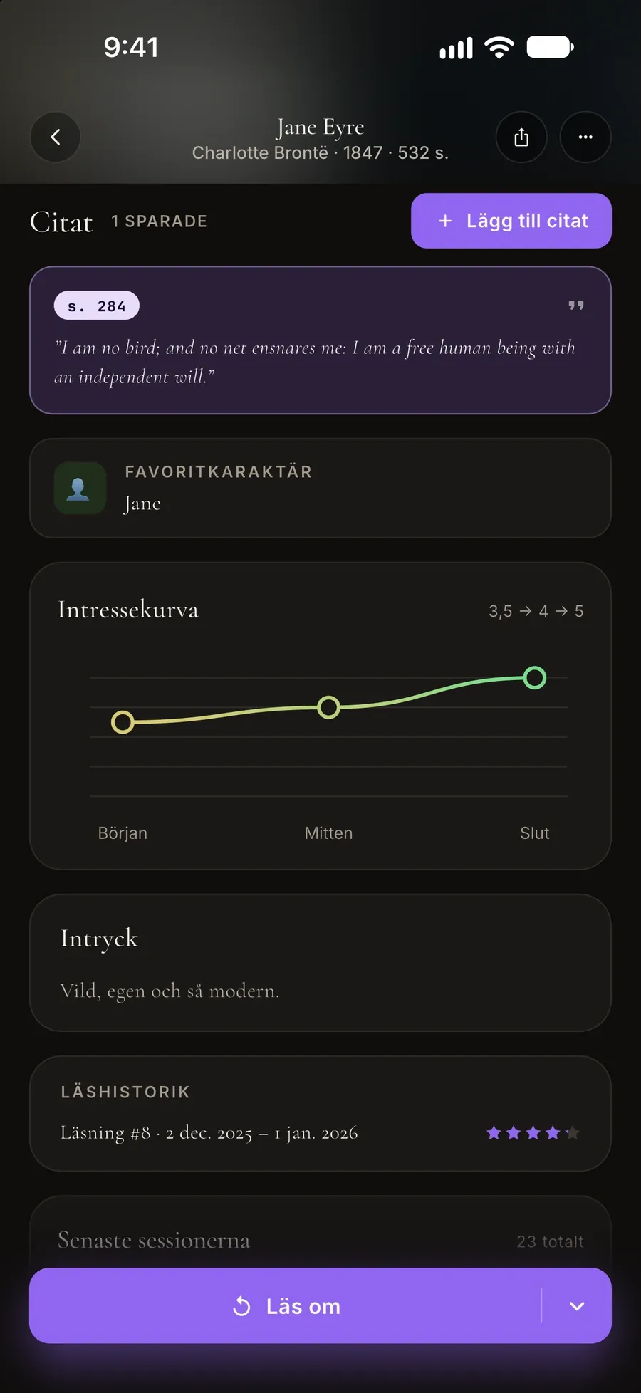 Läslogg för Jane Eyre: ett sparat citat, favoritkaraktär, intressekurva och intryck