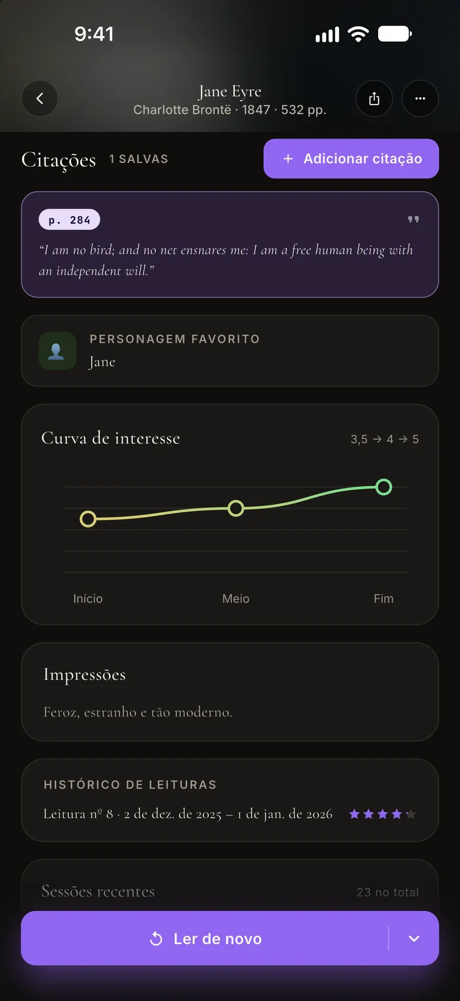 Registro de leitura de Jane Eyre: uma citação salva, personagem favorito, curva de interesse e impressões