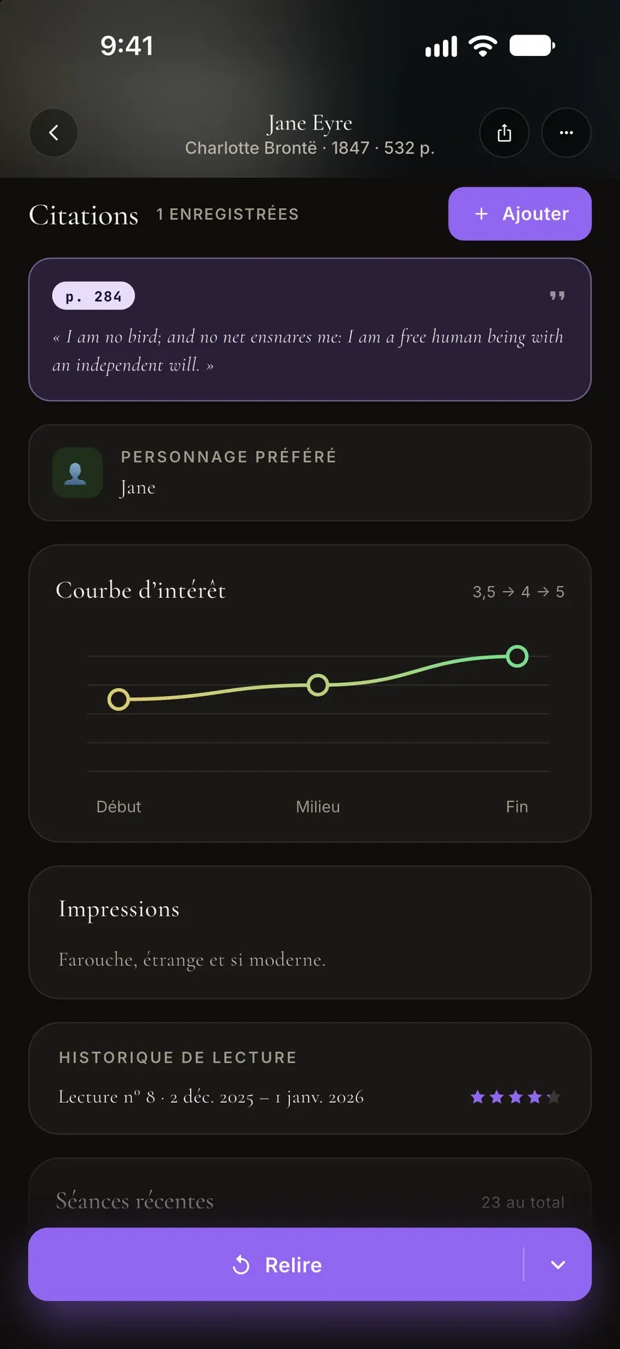 Fiche de lecture de Jane Eyre : une citation enregistrée, le personnage préféré, la courbe d’intérêt et les impressions