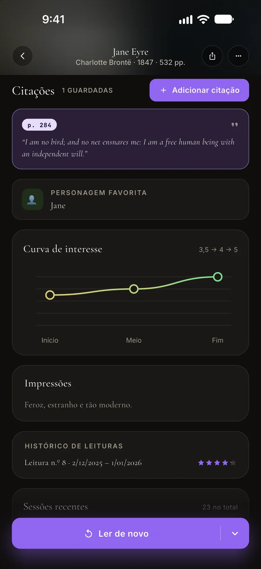 Registo de leitura de Jane Eyre: uma citação guardada, a personagem preferida, a curva de interesse e as impressões