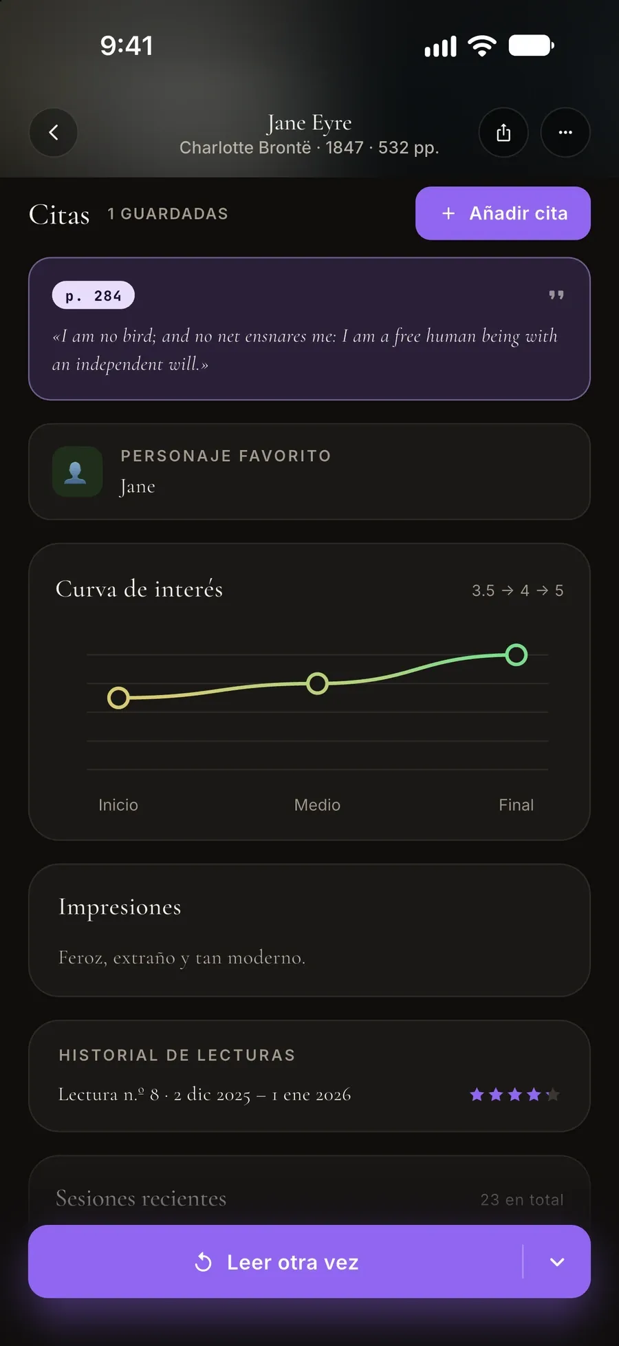 Registro de lectura de Jane Eyre: una cita guardada, el personaje favorito, la curva de interés y las impresiones