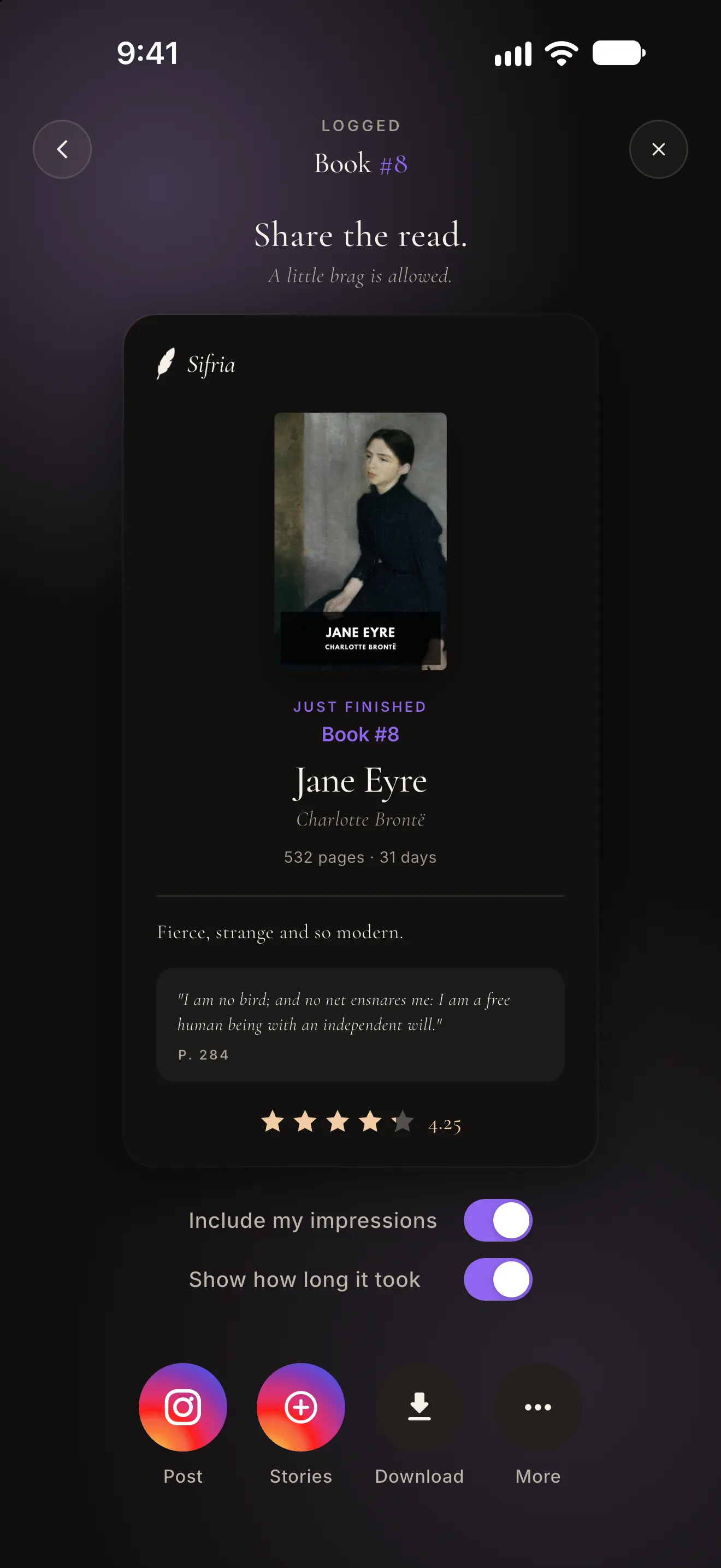 Share screen: a finished-book card for Jane Eyre with a quote and rating, and Post, Stories, Download and More buttons