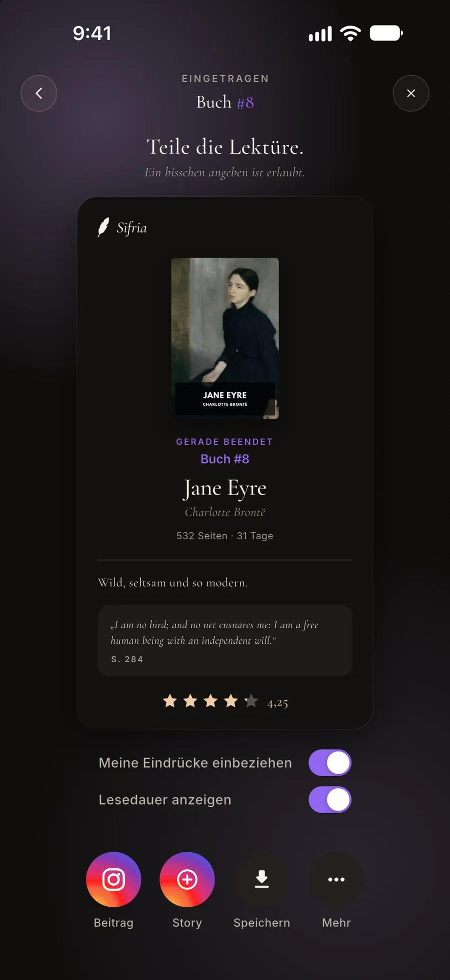 Teilen-Ansicht: eine Karte für das ausgelesene Jane Eyre mit Zitat und Bewertung sowie den Schaltflächen Beitrag, Stories, Herunterladen und Mehr