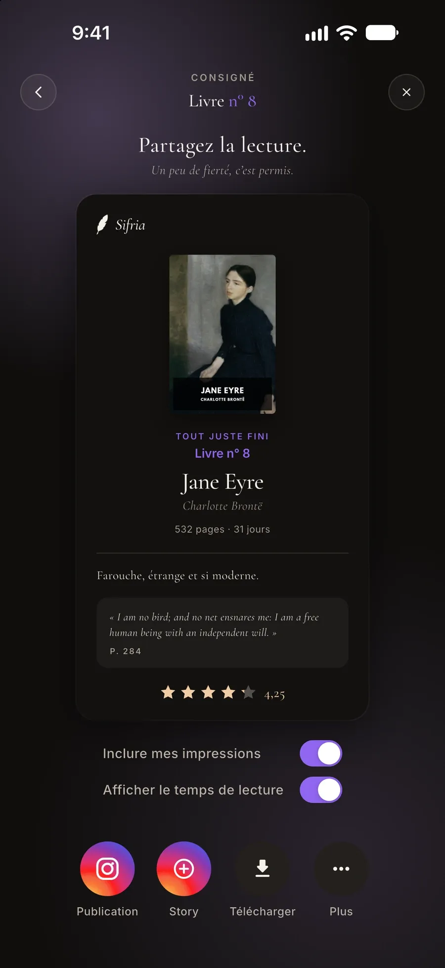Écran de partage : une carte de livre terminé pour Jane Eyre avec une citation et une note, et les boutons Publication, Story, Télécharger et Plus