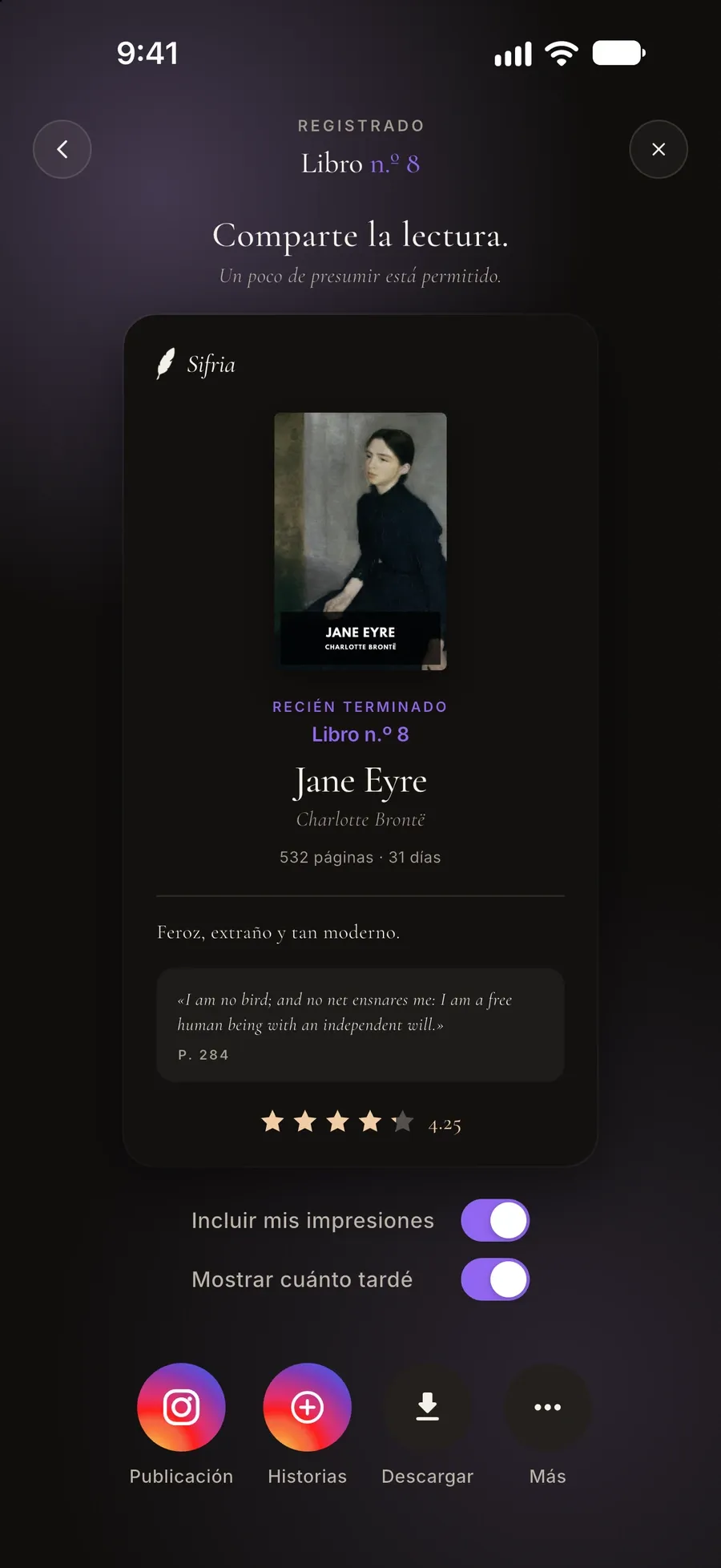 Pantalla para compartir: una tarjeta de libro terminado de Jane Eyre con una cita y la valoración, y los botones Publicación, Historias, Descargar y Más