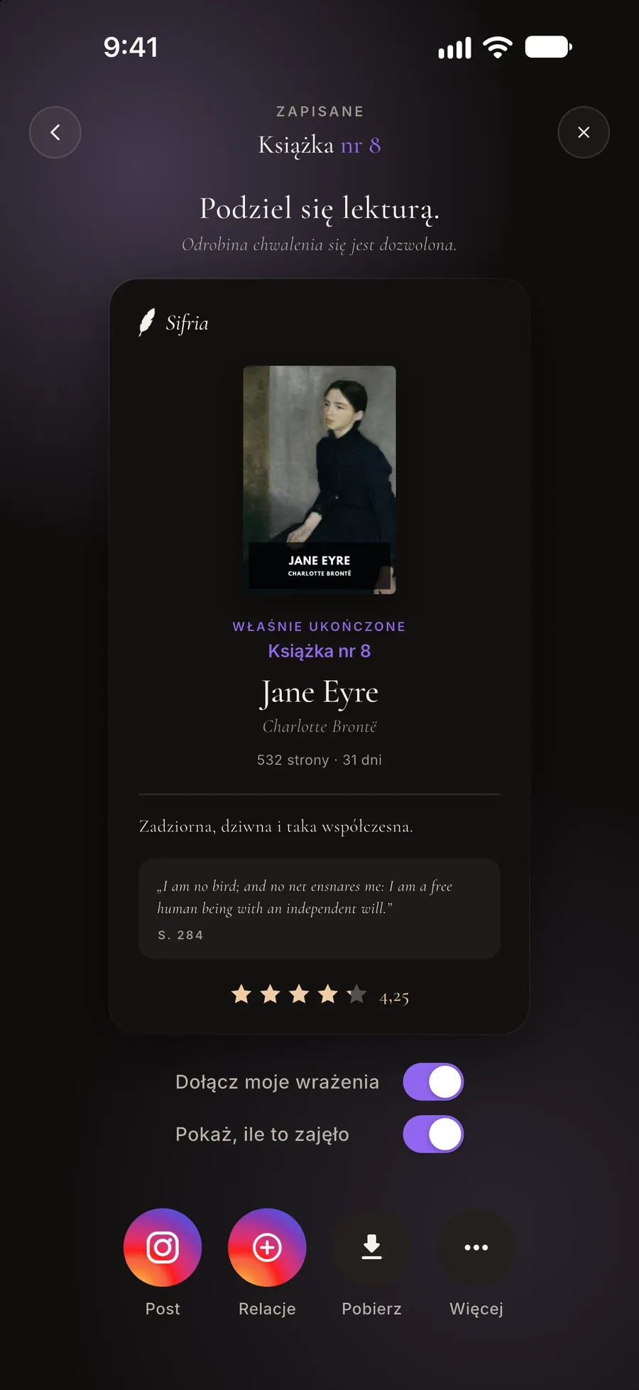 Ekran udostępniania: karta przeczytanej „Jane Eyre” z cytatem i oceną oraz przyciski Post, Relacje, Pobierz i Więcej