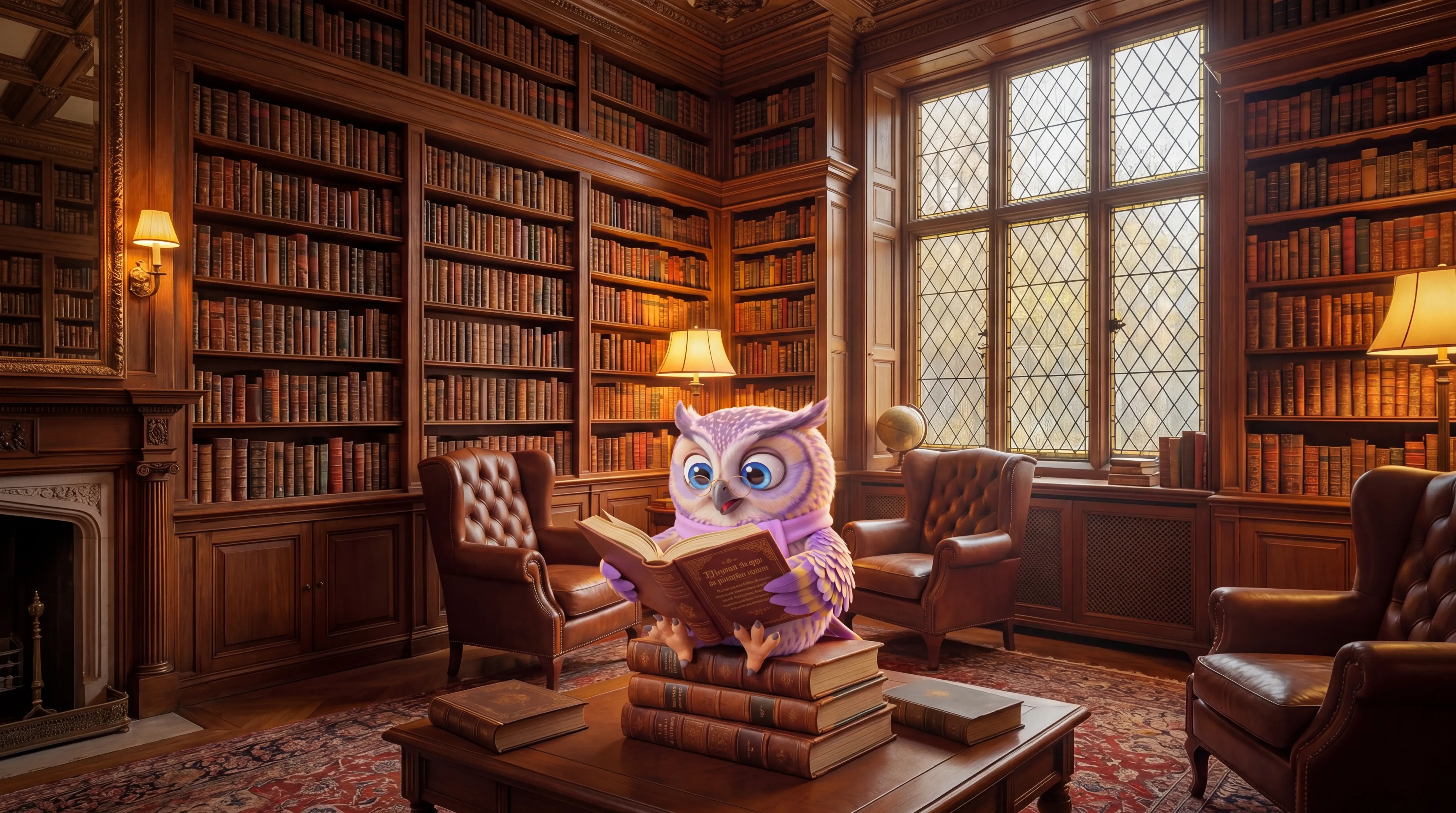 Sif, a small reader, curled up with a book in a candlelit library
