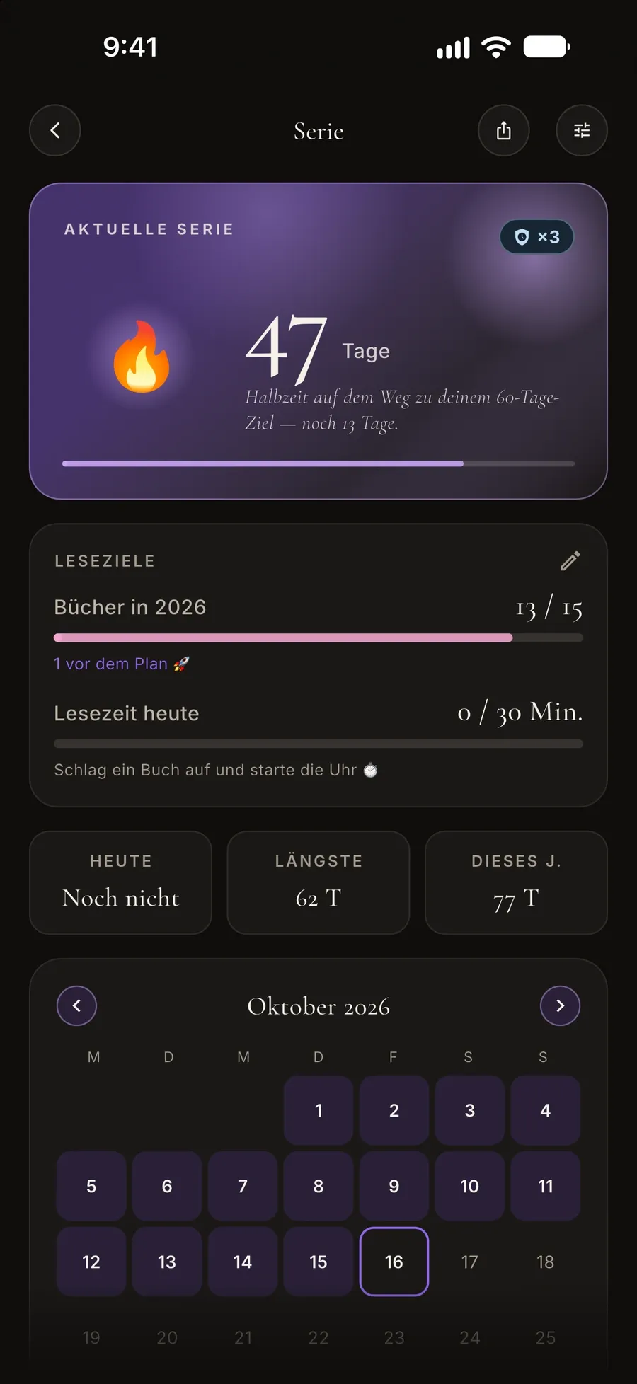 Serienansicht: eine Serie von 47 Tagen, Leseziele und ein Monatskalender der Lesetage