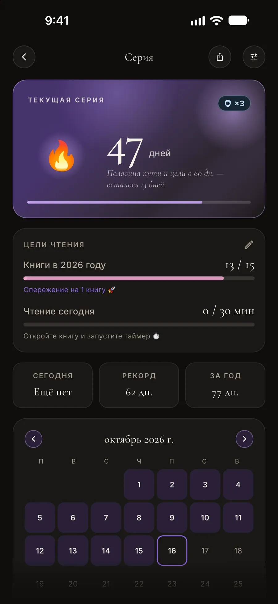 Экран серии: серия из 47 дней, цели чтения и календарь дней чтения за месяц